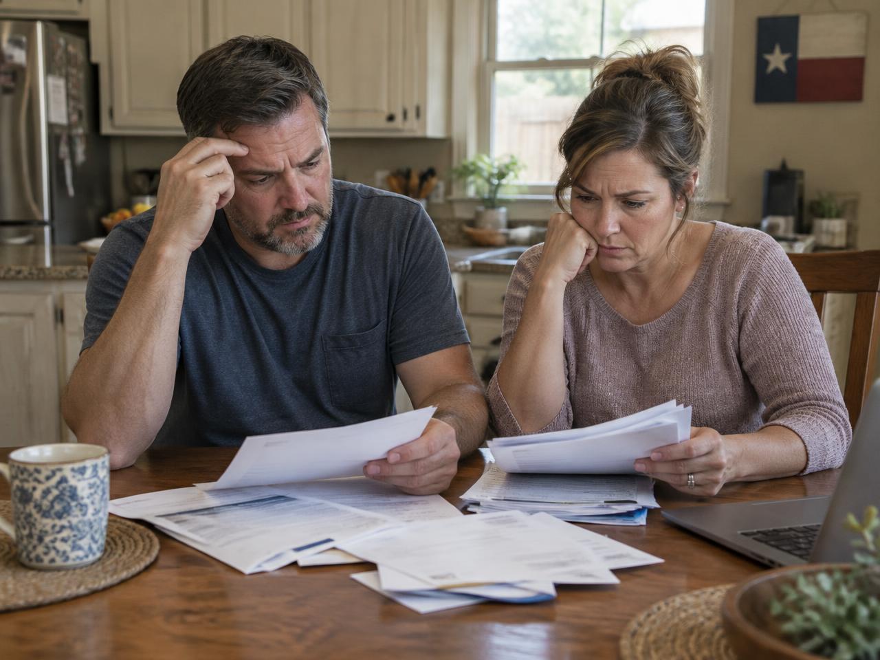 A worried couple at their kitchen table reviewing medical bills and insurance paperwork