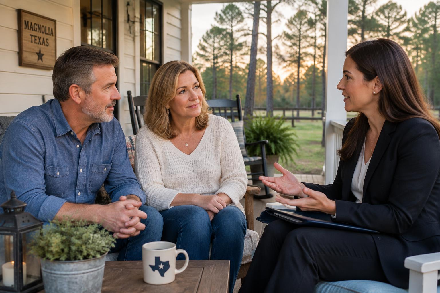 An attorney meeting with a couple in a warm office