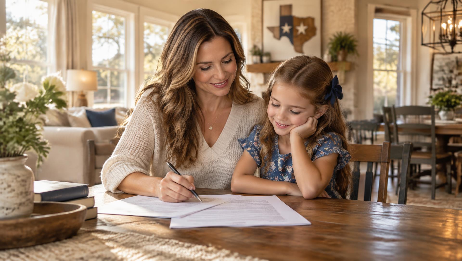 A mother and her daughter reviewing paperwork together at a dining table in their Texas home