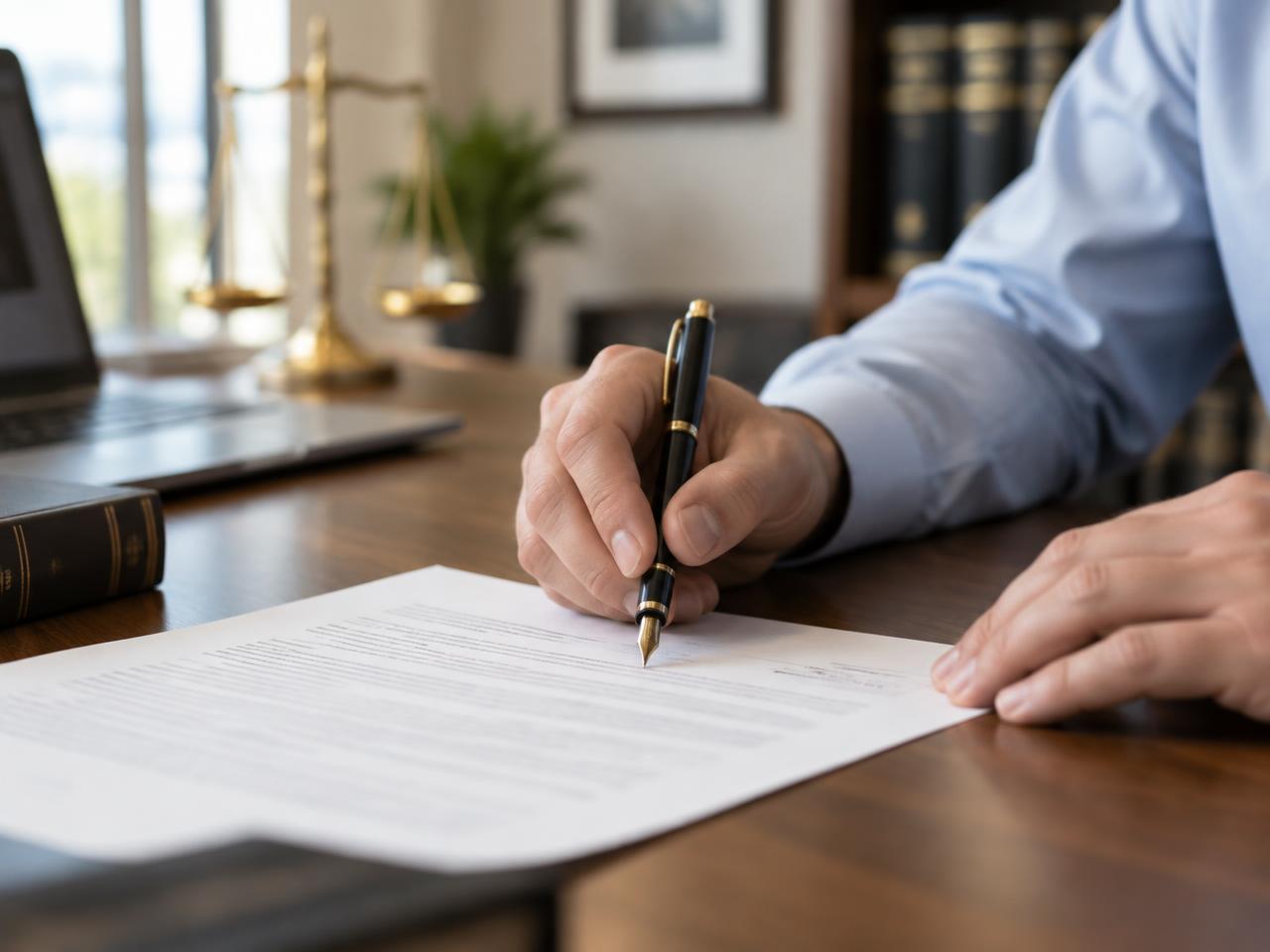 A man signing a name change petition with a fountain pen at a law office desk