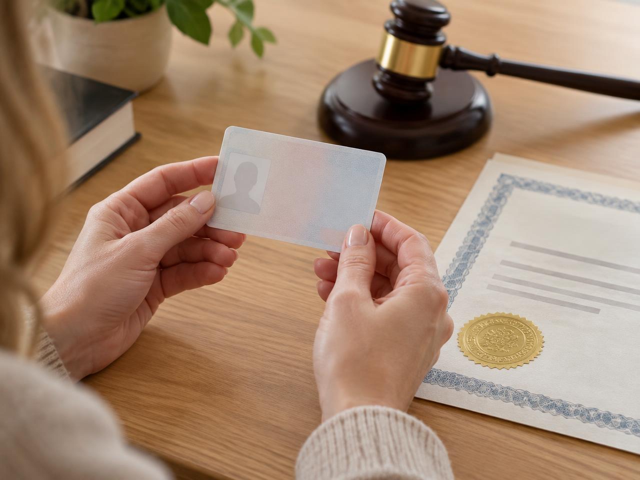 A woman holding her new ID card beside a certified court order with a gold seal