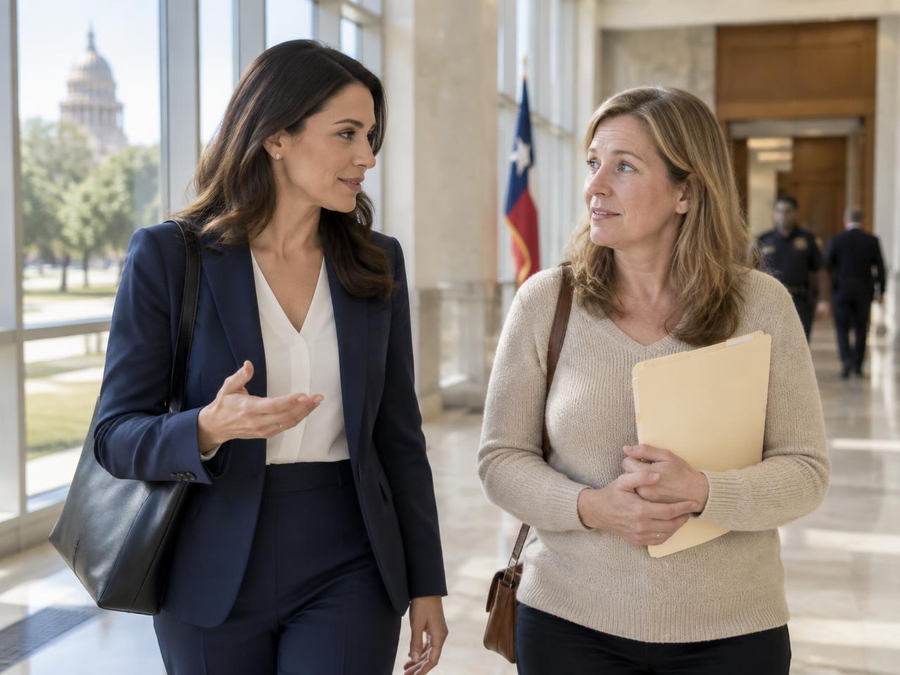 An attorney reassuring her client as they walk through a bright Texas courthouse hallway