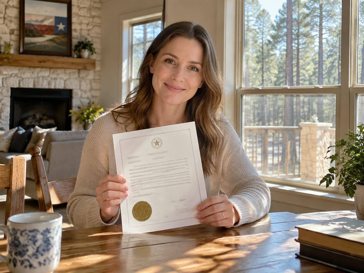 A smiling woman at her kitchen table holding her signed name change order with a gold seal