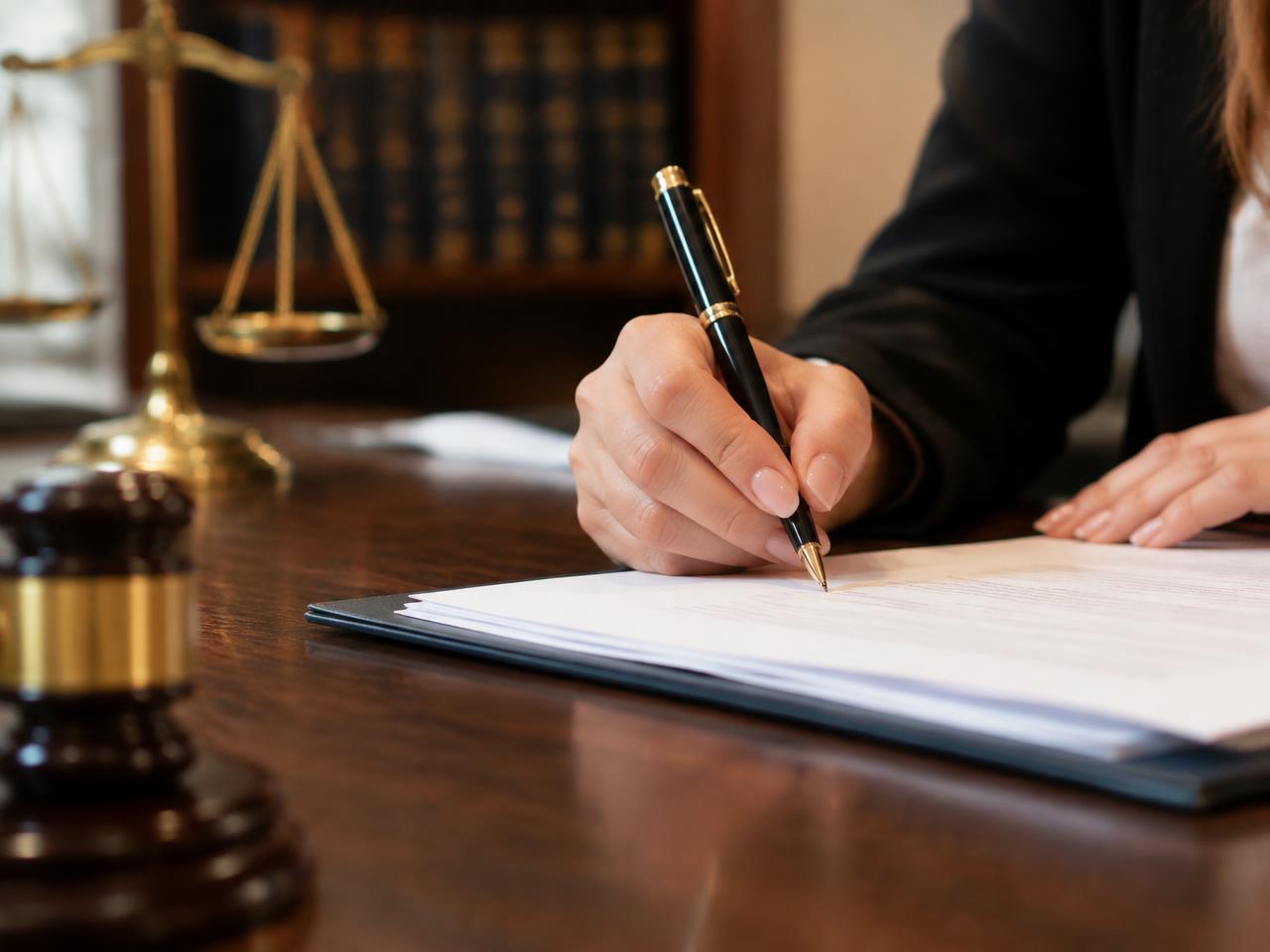 A woman's hand signing a legal petition with a gold-trimmed pen beside a gavel and scales of justice