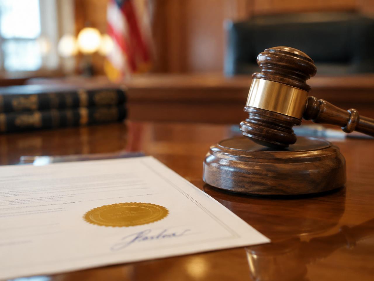 A judge's gavel beside a signed court order bearing a gold embossed seal