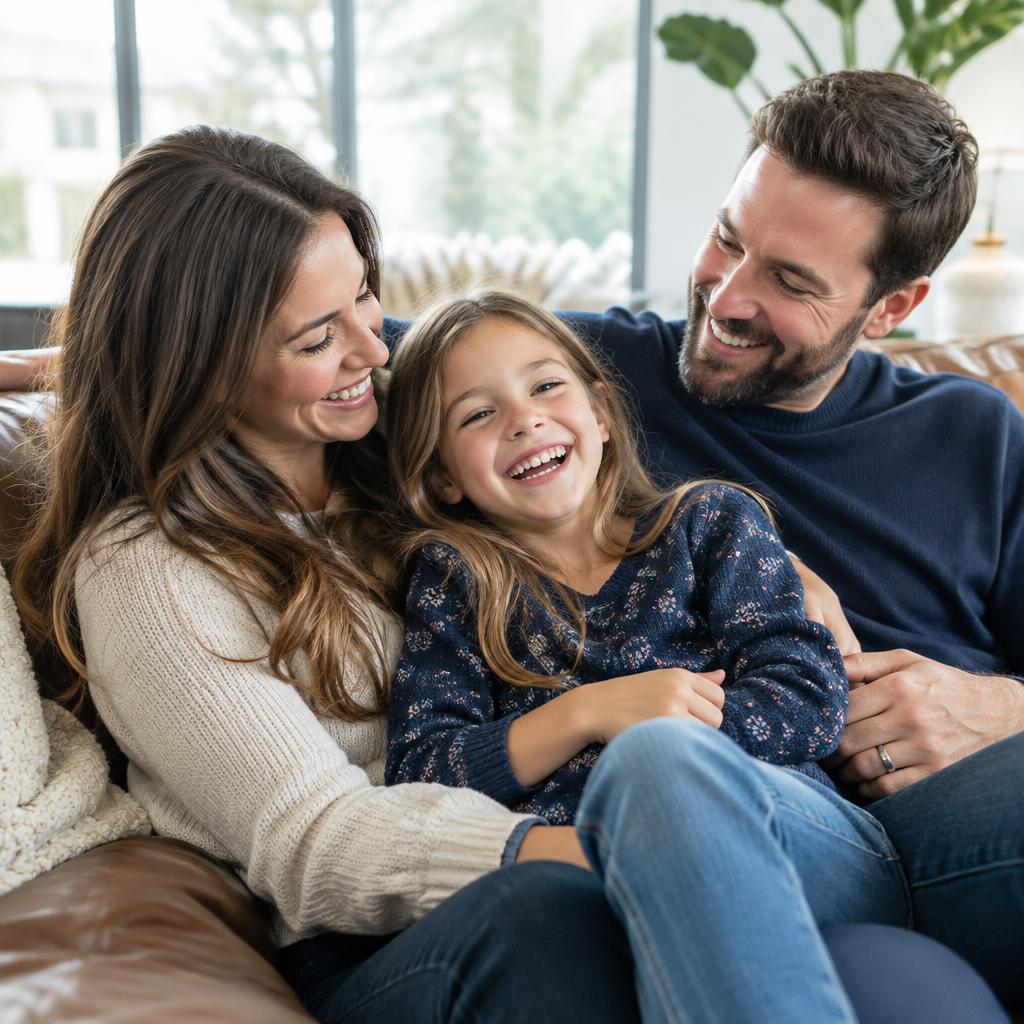 A mother, father, and their young daughter laughing together on the couch