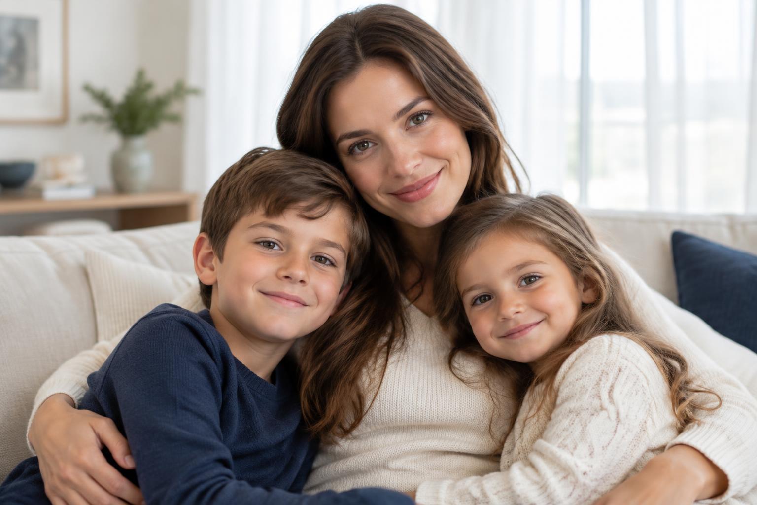 A mother holding her two children close in a safe home