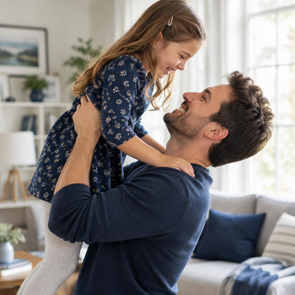 A father lifting his young daughter and laughing together at home