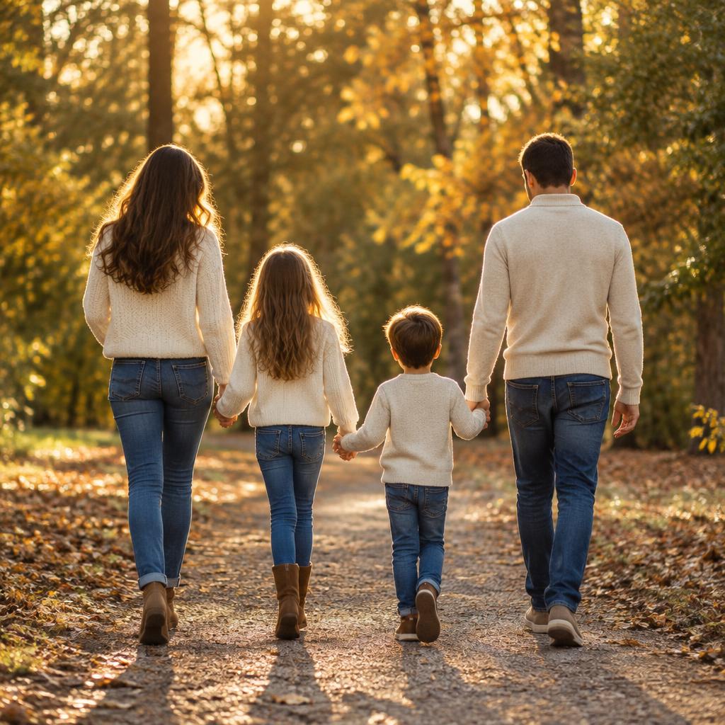 A family of four walking hand in hand along a sunny park path