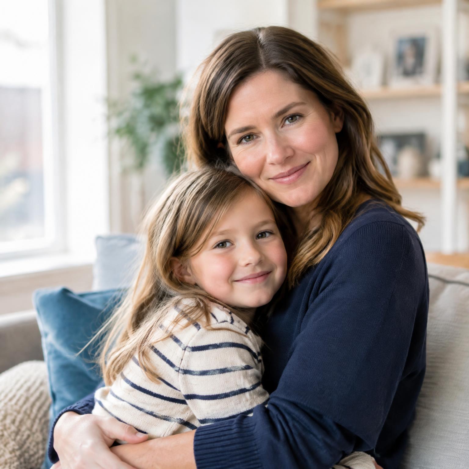 A mother embracing her young child in a bright living room