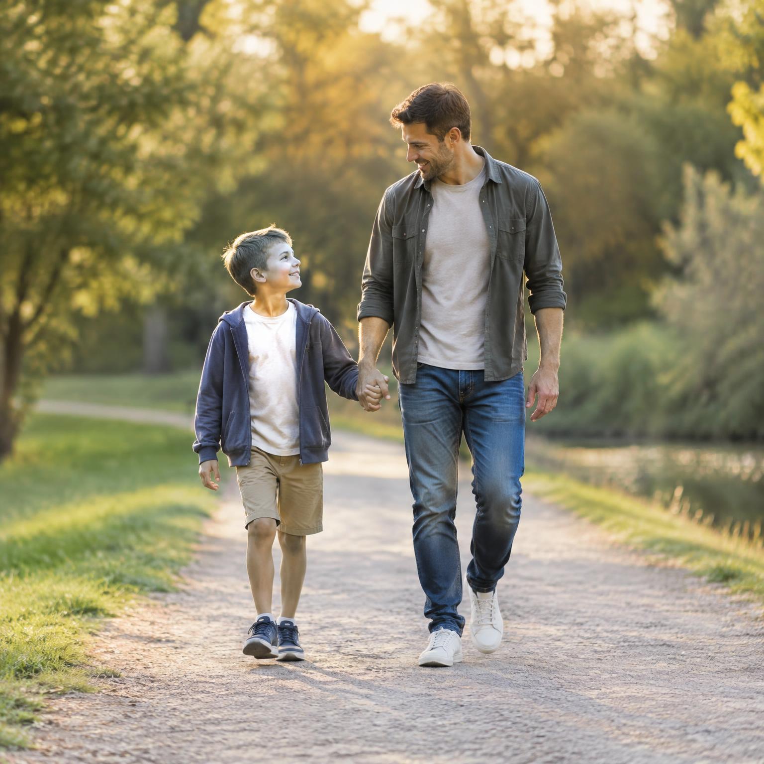 A father walking hand in hand with his young son