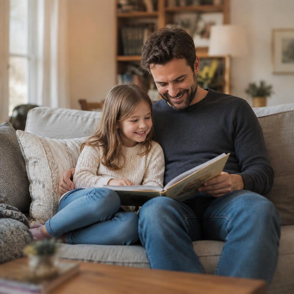 A father reading a book with his young daughter on the couch
