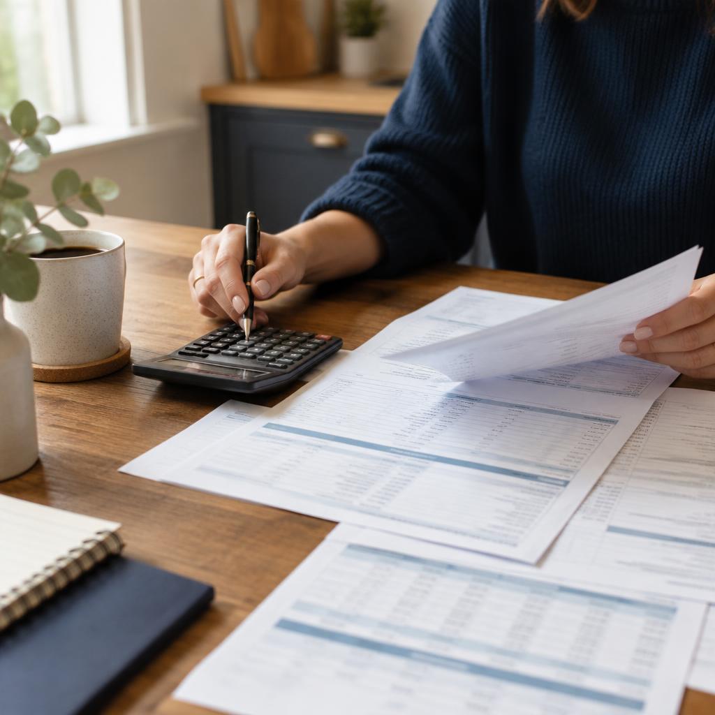 A woman reviewing bank statements and financial records with a calculator