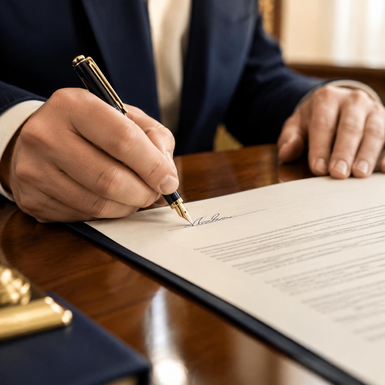 A hand signing a legal agreement with a fountain pen on a wooden desk