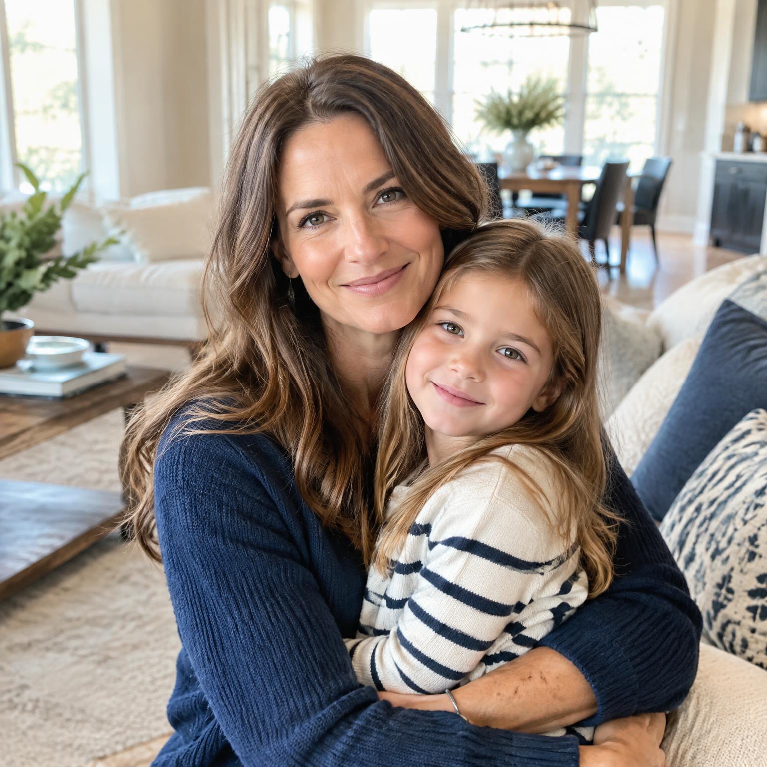 A mother holding her young daughter close in a bright, beautiful home