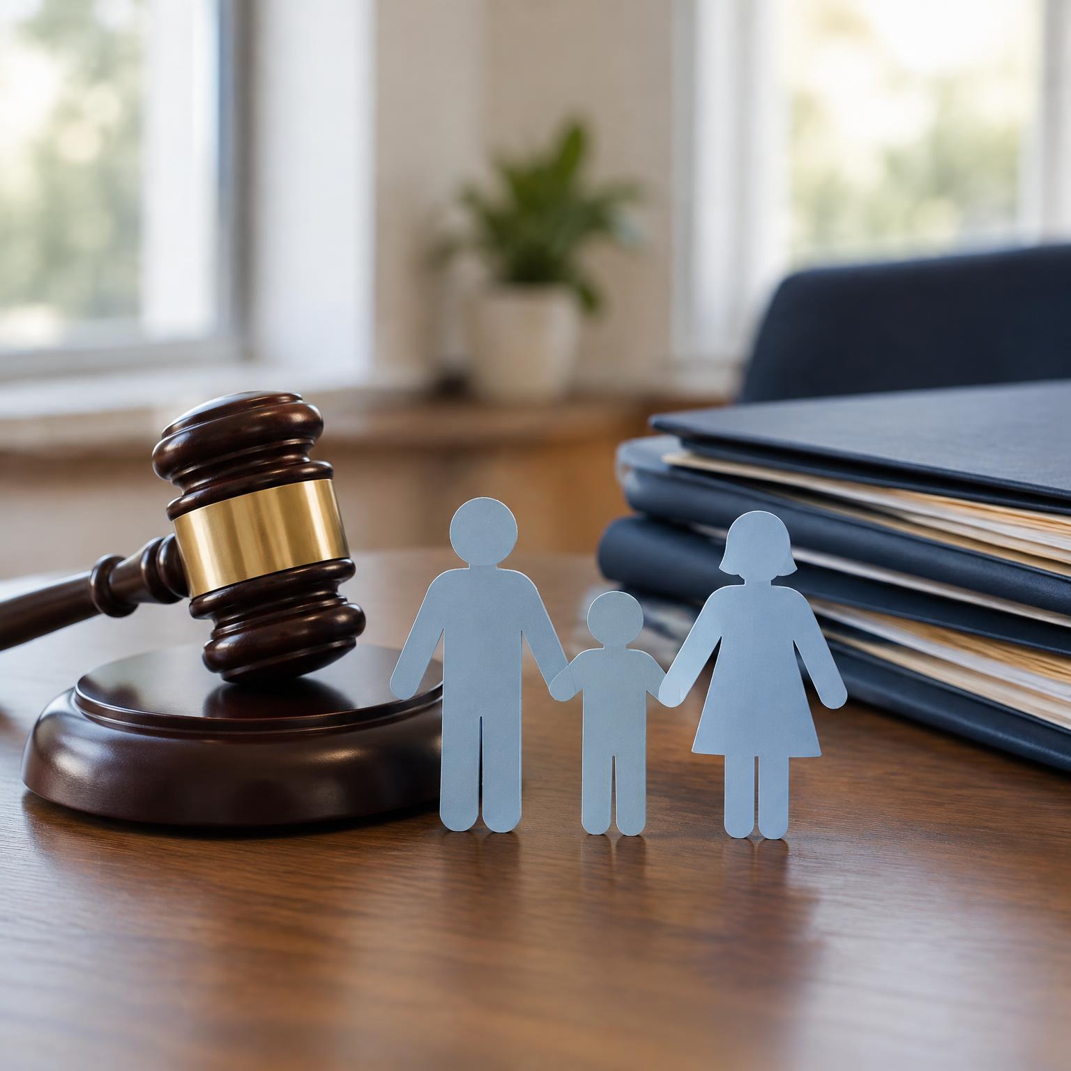 A wooden gavel beside paper cutout figures of a family on a desk