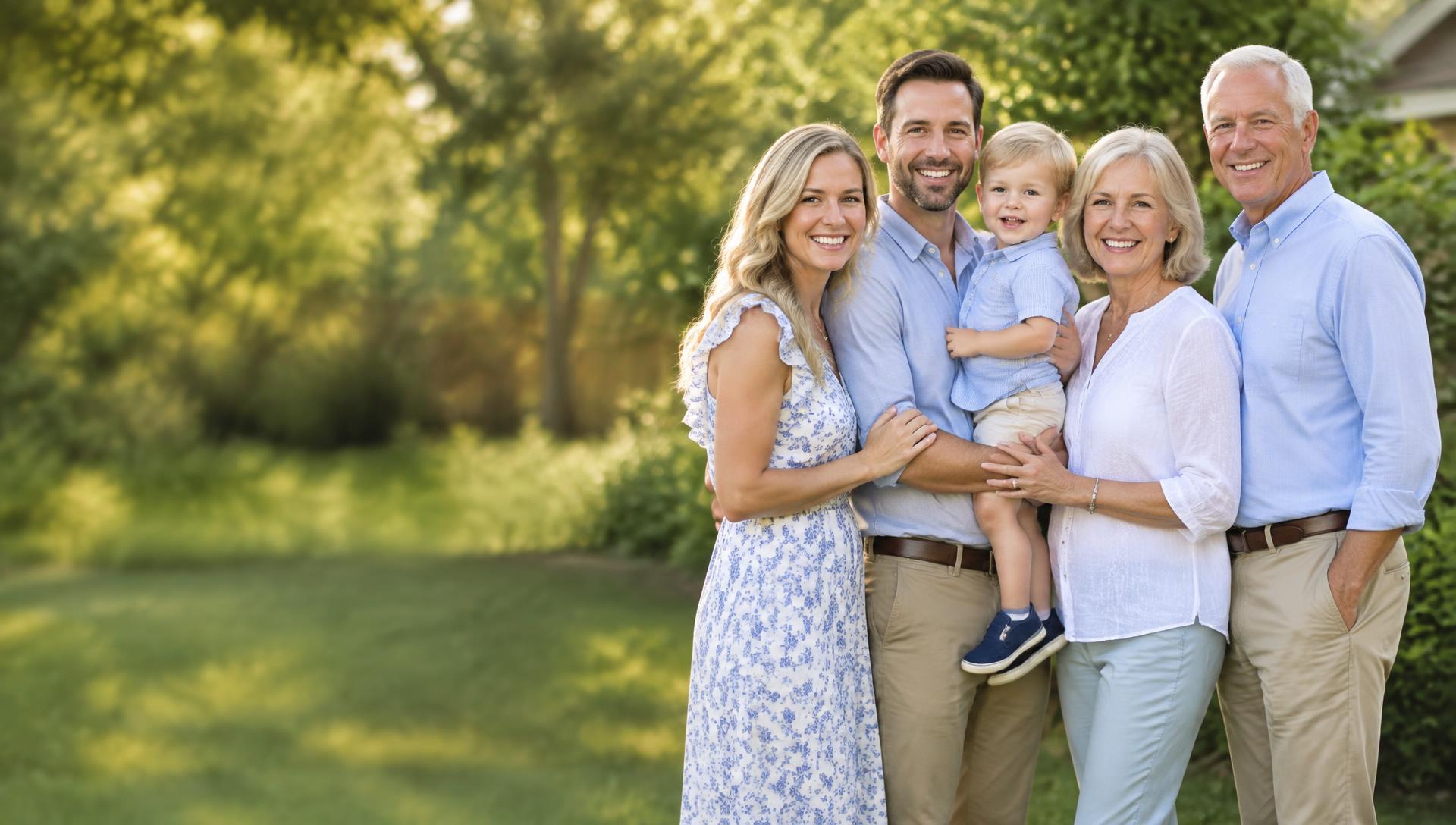 A smiling multigenerational family together in a leafy Texas backyard