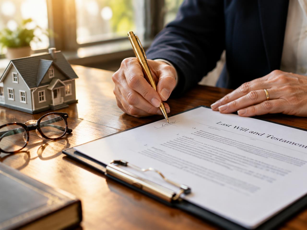 A hand signing a Last Will and Testament with a gold pen beside reading glasses and a model house