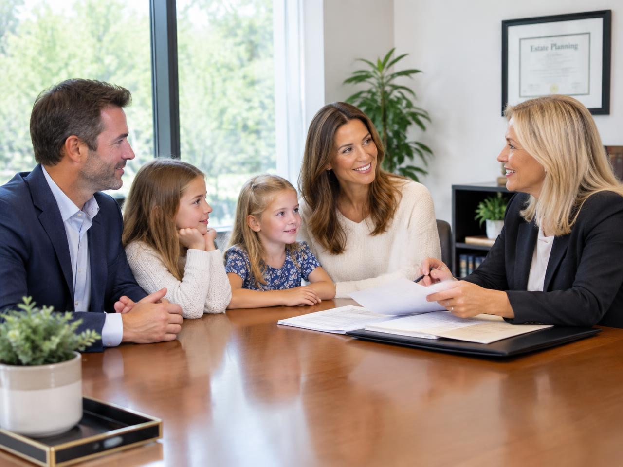 A family of four meeting with their attorney to review their estate plan in a bright law office